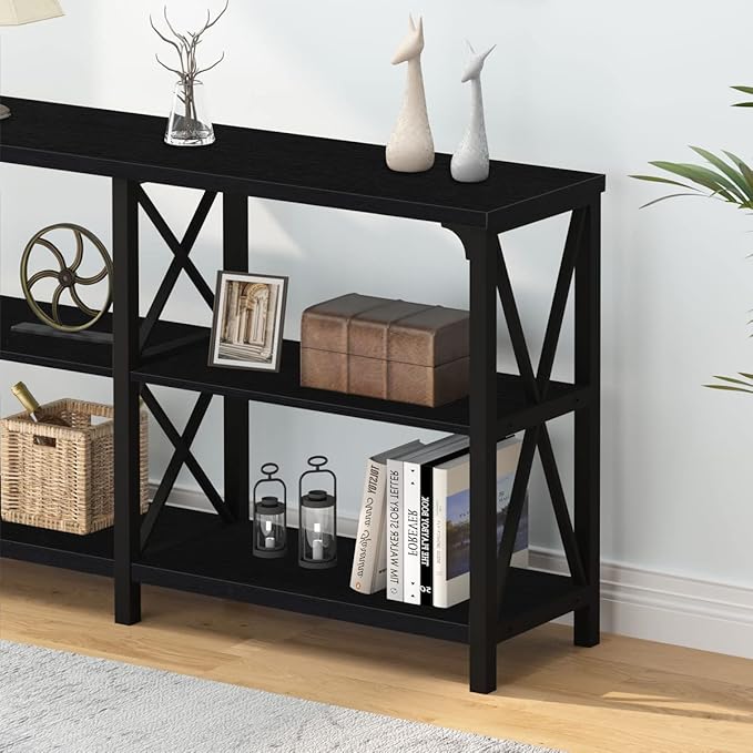 IBF Black Console Table, Modern Industrial Sofa Table with 3 Tier Storage Shelves, Farmhouse Wooden Metal Entryway Table for Living Room, Hallway, or Foyer, Black Oak, 63 Inch