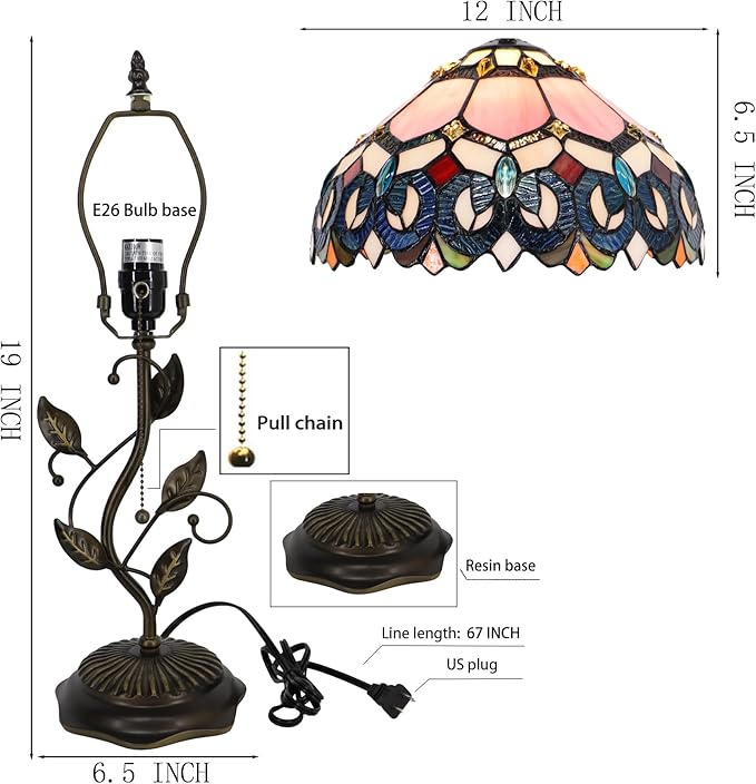 Tiffany Table Lamp, Pink Stained Glass Desk Light, W12H19 Inch, Metal Leaf Base (Pink Baroque Style)