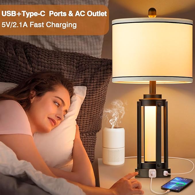 26" Modern Table Lamp with USB A+C Charging Ports & AC Outlet, Industrial Beside Contemporary Lamp Glass LED Night Light for Living Room Bedroom Nightstand End Table Single Black(2 Bulbs Included)