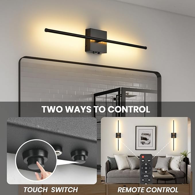 Battery Operated Wall Sconces with Remote Control, 11000mAh LED Wireless Rechargeable Black Wall Lights, 350°Rotate Dimmable Wall Lamp, 3 Color Temperatures, for Bedroom, Living Room, Hallway, 2 PCS