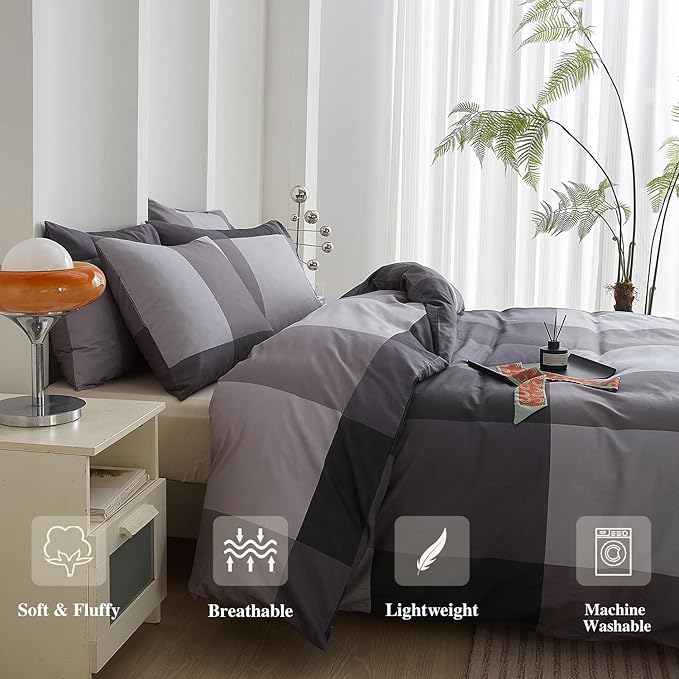 mixinni Full Size Comforter Sets Men Boys Geometric Checkered Plaid Printed Bedding Comforter for All Season Soft Lightweight Bedding Set-(Full Size, Grey,Black)