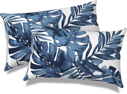 Pack of 2 Outdoor Lumbar Pillow Covers, All Weather Cushion Pillow Cases 12x20 Inch, Pillowcase for Patio Couch Decoration, Palm Blue