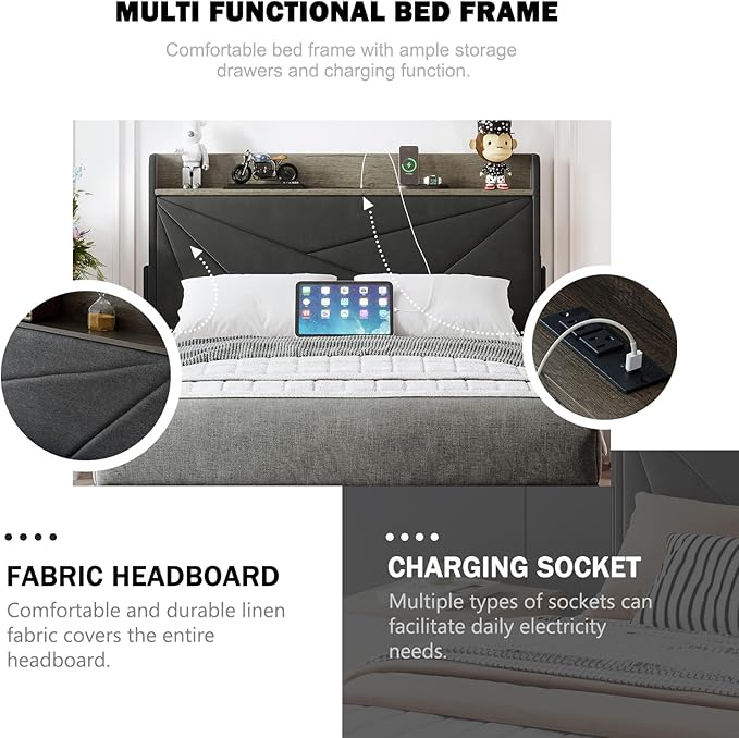 Bed Frame Full Size with 3 Drawers, Upholstered Full Size Bed Frame with Storage Headboard, AC USB & Type C Charge Station, Wooden Support Slats No Box Spring Needed Easy Assembly, Grey