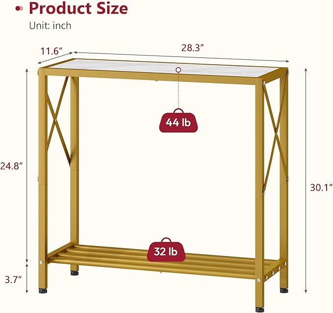 Tajsoon Entryway Table, 2-Tier Small Consle Table for Entryway, Narrow Sofa Table with Shelves, Entrace Table for Hallway, Living Room, Corridor, Office, Gold & White