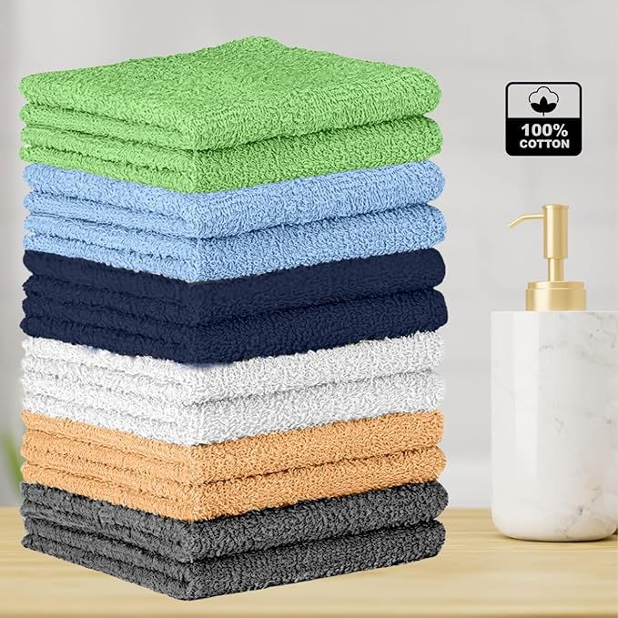 Towel and Linen Mart 100% Cotton - Wash Cloth Set - Flannel Face Cloths, Highly Absorbent and Soft Feel Fingertip Towels (Multi 12, Pack of 12)