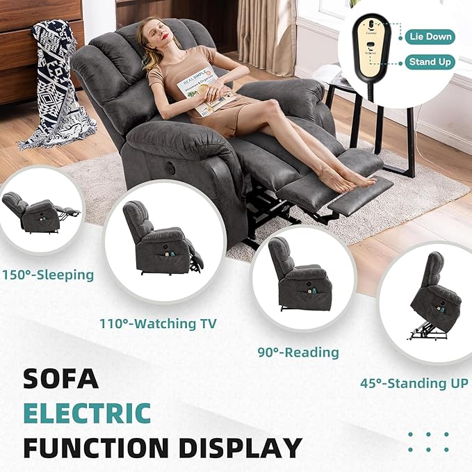 MEETWARM Tall Man Large Power Lift Electric Recliner Chair with Extended Footrest for Elderly, Overstuffed Wide Recliner with Heat & Massage, 2 Remote Controls, Side Pockets, USB Ports(Gray)