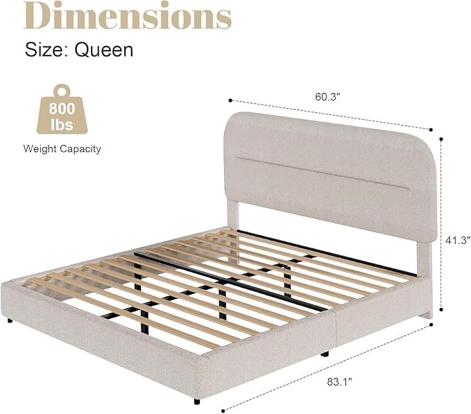 HOMBCK Queen Bed Frame, Boucle Upholstered Platform Bed Frame with Headboard, Soft Headboard with Rounded Corners Design, Wood Slats, No Box Spring Required, Easy Assembly, Beige