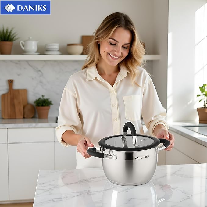 Daniks Orlando 6-Piece Stainless Steel Induction Cookware Set – Dishwasher Safe Pots with Heatproof Handles, Glass Lids, Measuring Scale, Silver