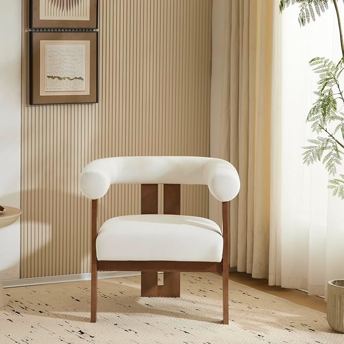 Christopher Knight Home Modern Velvet Upholstered Accent Chair for Living Room, Home Office, Apartment, Arm Chair with Curve Backrest and Birch Wood Legs, Three Legs Structure, White and Brown