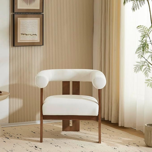Christopher Knight Home Modern Velvet Upholstered Accent Chair for Living Room, Home Office, Apartment, Arm Chair with Curve Backrest and Birch Wood Legs, Three Legs Structure, White and Brown