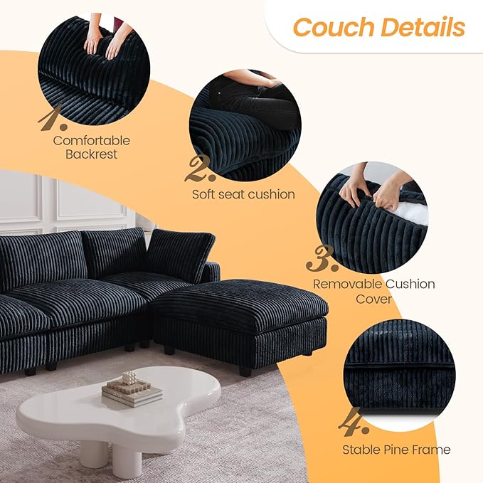 JACH 118" U Shape Modular Sofa for Living Room, Convertable Sectional Couch with Chaise Ottomans, Modern Deep Seat Sofas, Sofa Covers Washable, Minimalist Plush Couch for Living Room, Apartment, Black