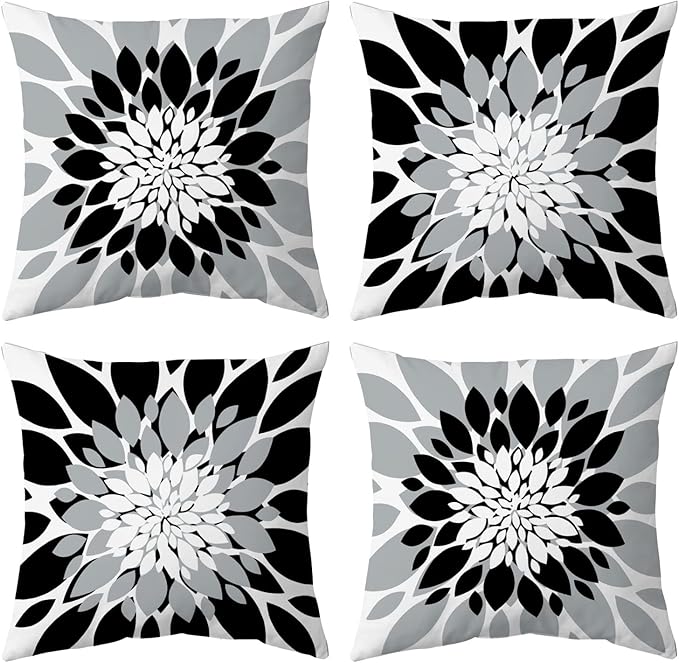 Qahing Pack of 4 Outdoor Waterproof Pillow Covers 20x20 Decorative Outdoor Throw Pillows Garden Square Cushion Cases for Patio Furniture, Couch, Tent Sunbrella, Bench, Black Grey