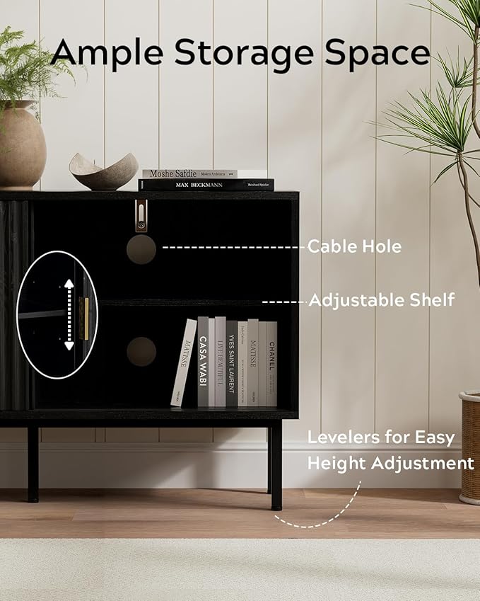 Fluted Tv Stand with Sliding Doors, 47" Mid Century Entertainment Center with Adjustable Shelf, Wooden Media TV Console with Storage Cabinet for Living Room, Black