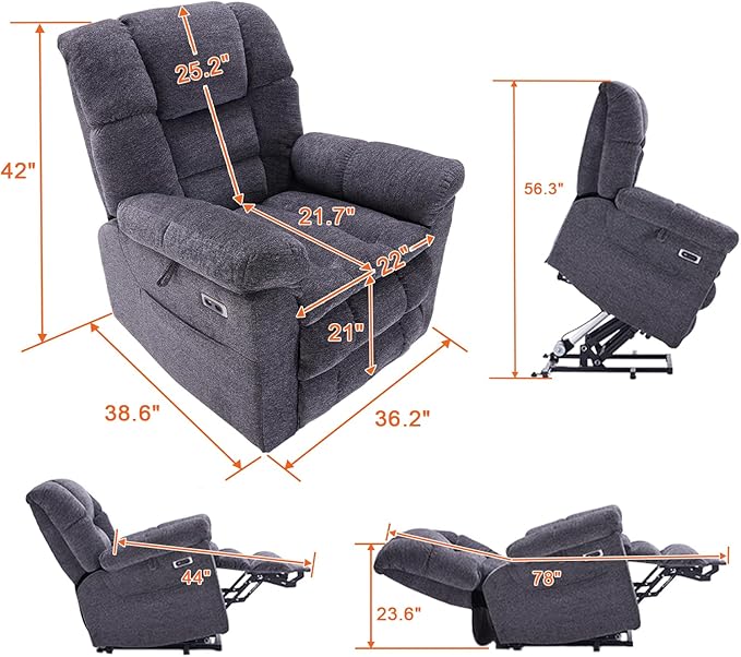 Triple Motor Power Lift Recliner Chair with Massage and Dual Heat for Elderly People, Zero Gravity Lay Flat Recliner Infinite Position, USB Ports（Grey）