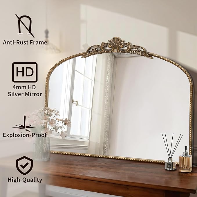 Micasso Gold Large Vintage Mirror, 40"x 30" French Baroque Antique Arched Wall Mounted Mirror Decorative Ornate Entryway Mirror for Wall Decor, Living Room, Hallway