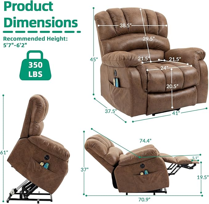 VIVIJASON Tall Man Large Power Lift Recliner Chair with Extended Footrest for Elderly, Overstuffed Wide Electric Lift Chair with Heat & Massage, 2 Remote Controls, Side Pockets & USB Ports, Brown