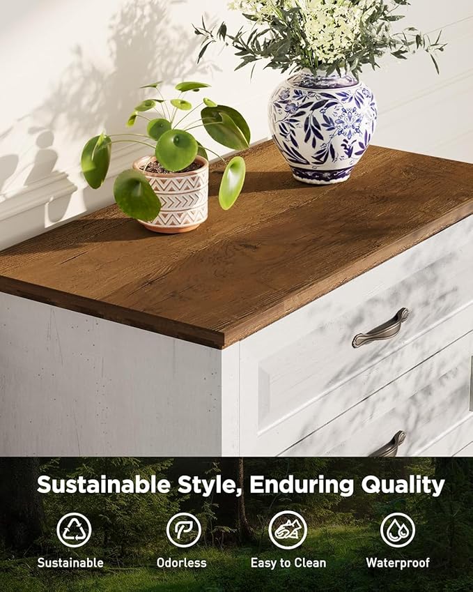 Pipishell White 5 Drawers Dresser Chests for Bedroom, 42.7 Inch Tall Wooden Dresser, Farmhouse Storgae Organizer with Large Drawers & Bar Handles for Bedroom, Entryway, Hallway, Brown & White