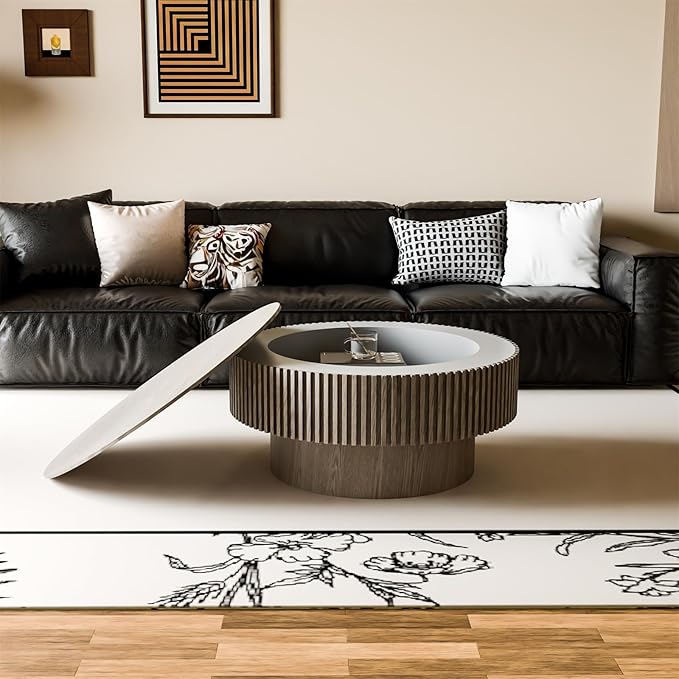Round Coffee Table for Living Room, Accent Fluted Drum Coffee Table with Storage, Modern Solid Wood Veneered Circle Center Tea Table for Small Space Apartment (31.5''D×14''H-Grey)
