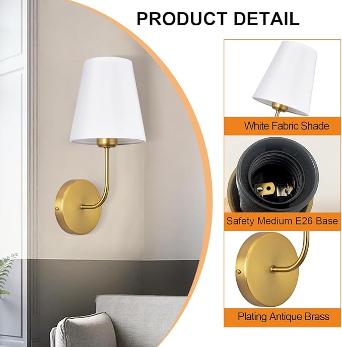 Antique Brass Hardwired Wall Sconce Set of 2 - Matte Gold Finish with White Fabric Shades，Bedroom Lighting, Living Room, Farmhouse, Fireplace, Hallway, Bedside Lamp,bathroom Hardwired Wall Lights