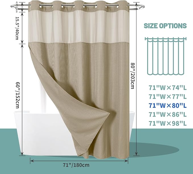 Khaki No Hook Waffle Weave Shower Curtain with snap-in Liner Replacement, 230GSM Waterproof Fabric Hotel Shower Curtain Set for Bathroom, Through Mesh Top Window,71Wx80H