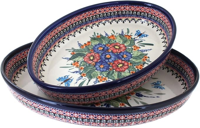 Blue Rose Polish Pottery - Red Floral Butterfly Oval Baker Set - 2 Bakers - Unique, Dishwasher Safe, & Durable Bakeware