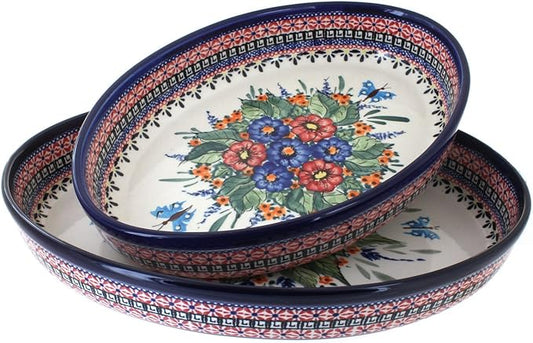Blue Rose Polish Pottery - Red Floral Butterfly Oval Baker Set - 2 Bakers - Unique, Dishwasher Safe, & Durable Bakeware