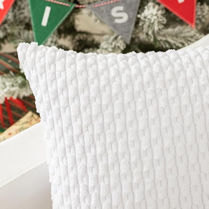 Kevin Textile Pack of 2 Corduroy Decorative Throw Pillow Covers 22x22 Inch Soft Boho Striped Pillow Covers Modern Farmhouse Home Decor for Spring Sofa Living Room Couch Bed Pure White