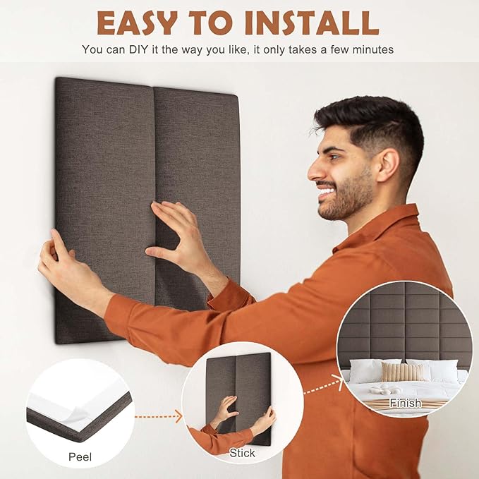 IFNOW Upholstered Wall Mounted Headboard, 3D Soundproof Wall Panels Peel and Stick for King Size, Reusable and Removable Tufted Bed Headboard in Brown (12 Panels, 10" x 24")