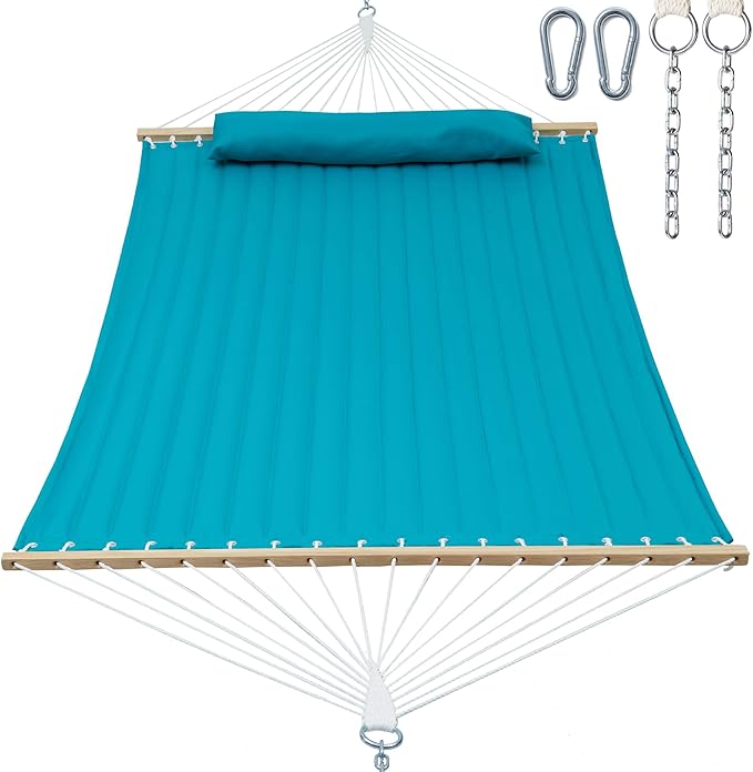 Double Quilted Fabric Hammock with Spreader Bar, Fits 12-14ft Hammock Stand, 2 Person 14ft Hammocks for Outside, Large Removable Pillow, Storage Bag, Carabiners, Max 475 lbs Capacity (Aqua)