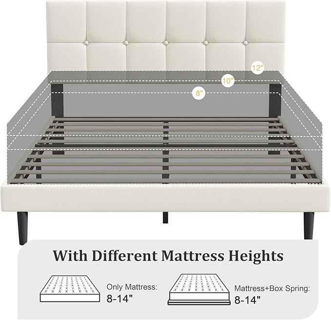 Queen Size Bed Frame, Queen Size Platform Bed Frame with Headboard, Upholstered Headboard, Sturdy Wooden Slats, Noiseless No Box Spring Required, Easy to Assemble, Beige