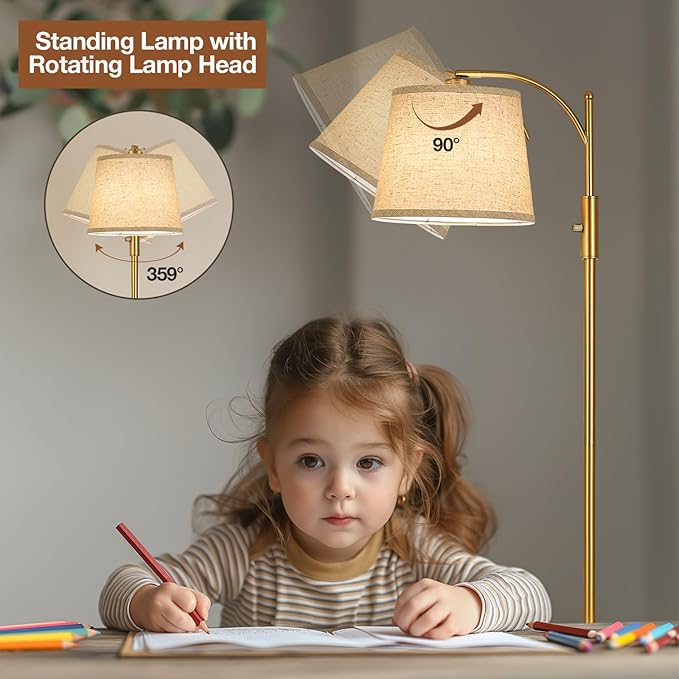 AIDENOEY Fully Dimmable Floor Lamp for Living Room，Standing Lamp Rotary Switch with Linen Beige Shade，Golden Tall Lamps for Bedroom with Adjust Head，9W LED Bulb Included