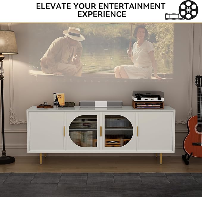 ARTPOWER Modern TV Stand for TVs up to 70+ inch, Glass Door Television Console Table with Gold Leg, Entertainment Center with Storage Cabinet, Wood Media Furniture for Bedroom, Living Room, White