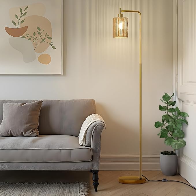 Oneach 66" Gold Floor Lamp for Living Room, Boho Floor Lamp with LED Bulb, Foot Switch, Rattan Shade, Industrial Tall Farmhouse Standing Lamp for Bedroom, Dining Room, Study Room, Office