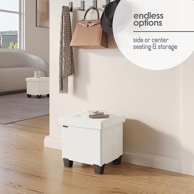 STORAGEBUD Storage Ottoman Cube with Small Bin, 15-in Square Ottoman with Storage for Living Room and Bedroom, Small Ottomans Foot Rest, Velvet Foot Stools Ottomans Max 330lbs, Cream