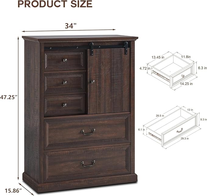 Farmhouse 5 Drawers Dresser for Bedroom, 47" Tall Chest of Drawers w/Sliding Barn Door, Rustic Wood Dressers Organizer w/Adjustable Shelves for Bedroom, Living Room, Kitchen, Brown