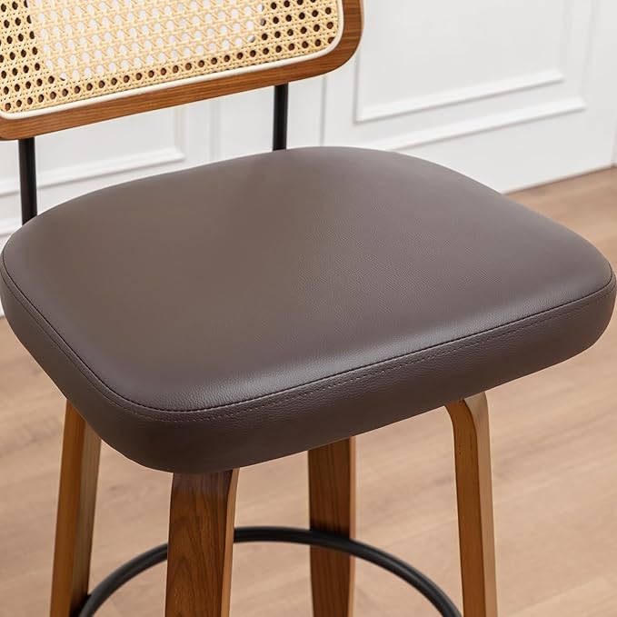 Bar Stools Set of 4 - 30 inch Rattan Swivel Bar Stools with Walnut Craftsmanship, Curved Rattan Back, Upholstered Seat, Mid Century Modern BarStools for Bar/ Pub/Island/Cafe (30" Seat Height, Brown)