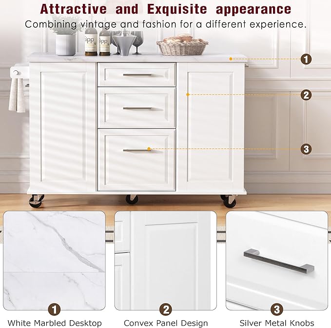 50.7" Mobile Kitchen Island with Storage Tilt Trash Can Cabinet and Pull Out Cabinet Organizer, Movable Rolling Island on 5 Wheels with Drop Leaf, 2 Drawers, 1Door for Kitchen, Dining Room (White)