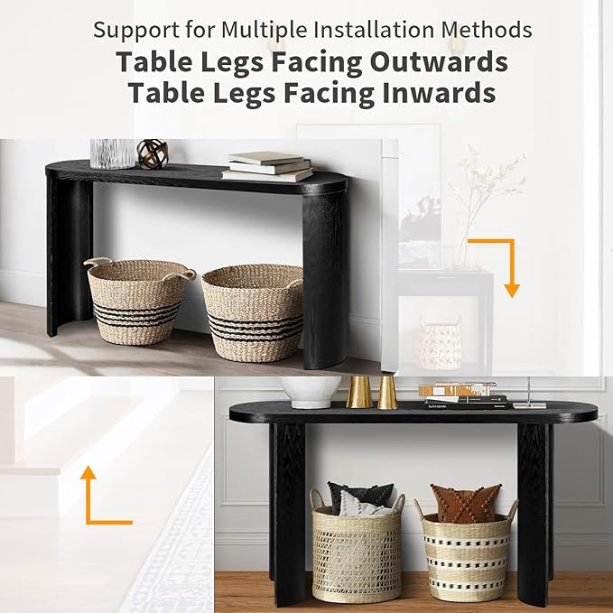 60" Wood Console Table for Entryway, Long Sofa Table Behind Couch Narrow Entryway Table with Curved Legs 2 Types of Installation for Living Room, Hallway, Foyer, Easy Assembly, Black