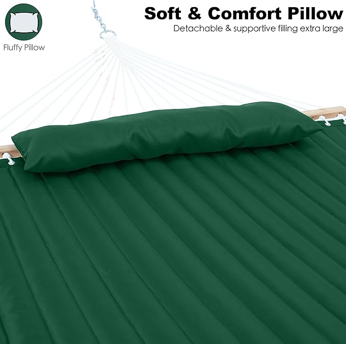 2 Person Hammocks for Outside, Double Quilted Fabric Outdoor Hammock with Spreader Bar, Large Removable Pillow, Storage Pockets, Carabiners, Max 475 lbs Capacity (Night Green)