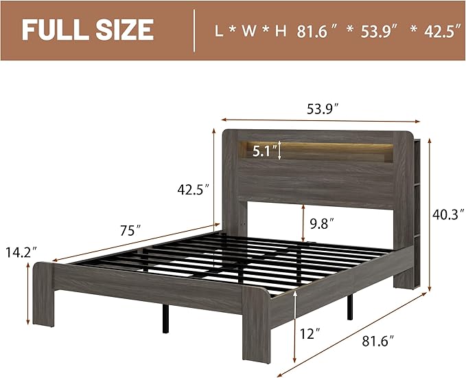 Wood Full Size Bed Frame with Headboard, Farmhouse Platform Bed Frame with Bookcase Shelf,LED Lights,Charging Station,Heavy Duty Supports,No Box Spring Needed,Dark Grey
