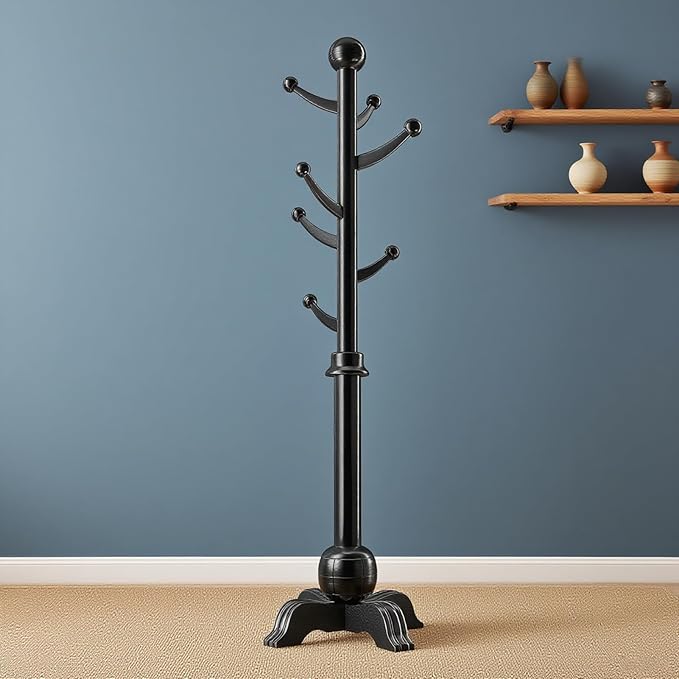 Hall Tree, Freestanding Wood Tree Rack with 7 Hooks, Coat Rack with Stable Sphere Base, Wooden Coat Rack Stand, Load 210 lb, Coat Hanger Stand for Entryway, Hallway, Bedroom (Black)