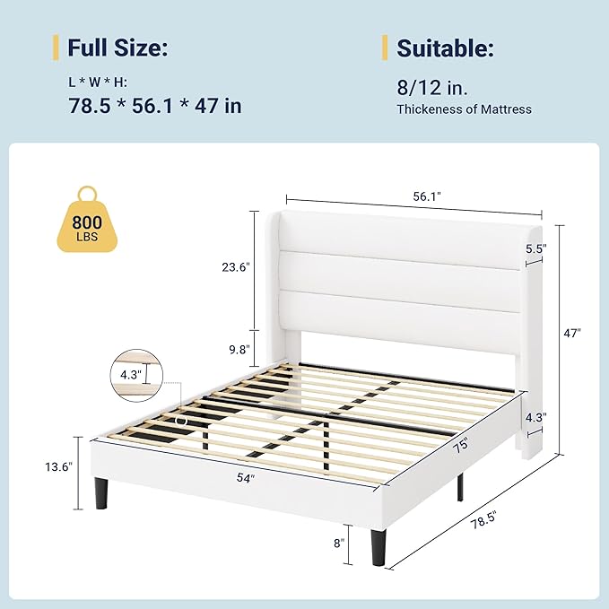 Allewie Full Size Platform Bed Frame with Velvet Upholstered Wingback Headboard, No Box Spring Needed, Under Bed Storage Space, Strong Wooden Slats, Modern Mattress Foundation, Easy Assembly, White