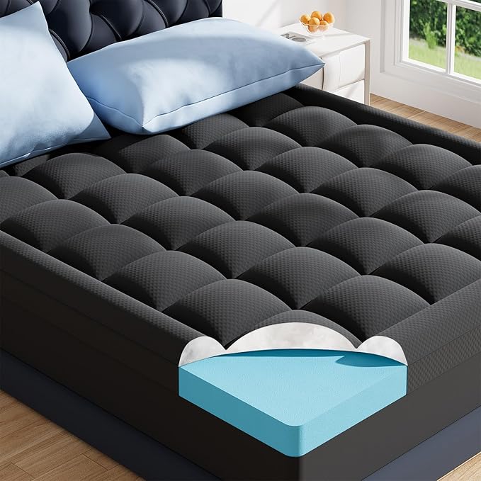 ELEMUSE 3 Inch Dual Layer Memory Foam Mattress Topper King, 2 Inch Cooling Gel Memory Foam Plus 1 Inch Down Alternative Pillowtop Mattress Pad with Cooling Cover,Black