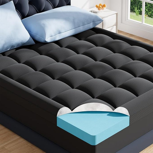 ELEMUSE 3 Inch Dual Layer Memory Foam Mattress Topper King, 2 Inch Cooling Gel Memory Foam Plus 1 Inch Down Alternative Pillowtop Mattress Pad with Cooling Cover,Black