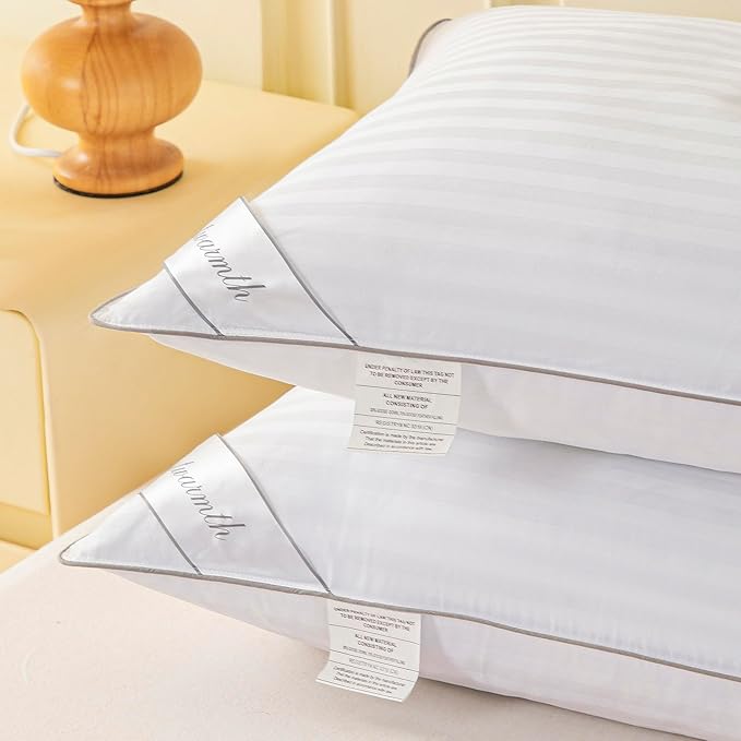 Standard Goose Feather Down Pillow, 100% Soft Cotton Cover Bed Pillow for Sleeping Standard Size (20X26IN) Stripe White 1 Pack