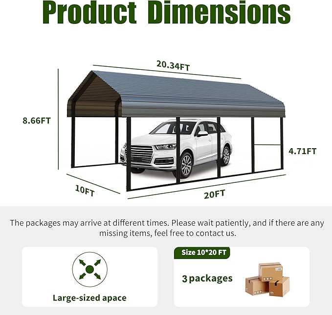 Durable Metal Carport 10 x 20FT Heavy Duty for Cars - Large Garage Shelter Solution,All-Weather Portable Car Garage Canopy Shelter for Cars & Boat Cover for Yard
