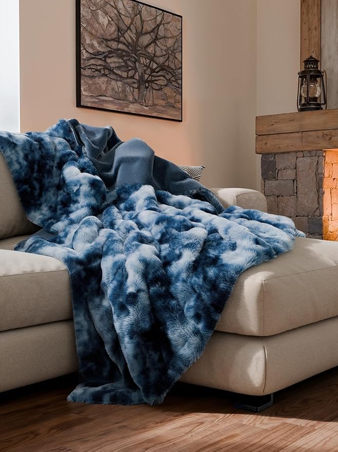 Fluffy Throw Blanket Queen Size - Faux Fur Throw for Couch or Bed - Plush Soft Extra Thick Faux Fur Rabbit Blanket - Comfy, Warm & Breathable - Luxury Minky Tie Dye Bedding - 90" x 90", Marble Blue