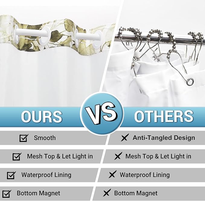 No Hook Shower Curtain with Snap in Liner - Eucalyptus Shower Curtain - Washable Waterproof Inner Liner, Plants Beige Leaves Modern Shower Curtains - Machine Washable, 71 x 74