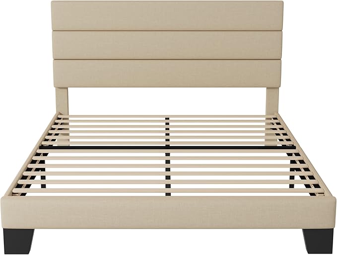 Allewie Full Size Platform Bed Frame with Fabric Upholstered Headboard and Wooden Slats Support, Fully Upholstered Mattress Foundation/No Box Spring Needed/Easy Assembly, Beige