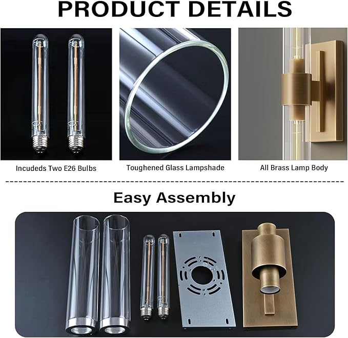 Wall Sconce, Brass Sconce for Bathroom Vanity, Gold Mirror Wall Light, 22.8" Indoor Wall Light Fixtures, Two Glass Tube Brass Wall Sconce for Bathroom, Bedroom, Vanity, Living Room